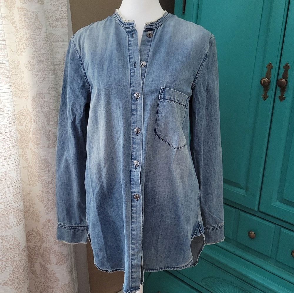 Sandrine Rose/Free People Long Button Up Denim Top. Mandarin